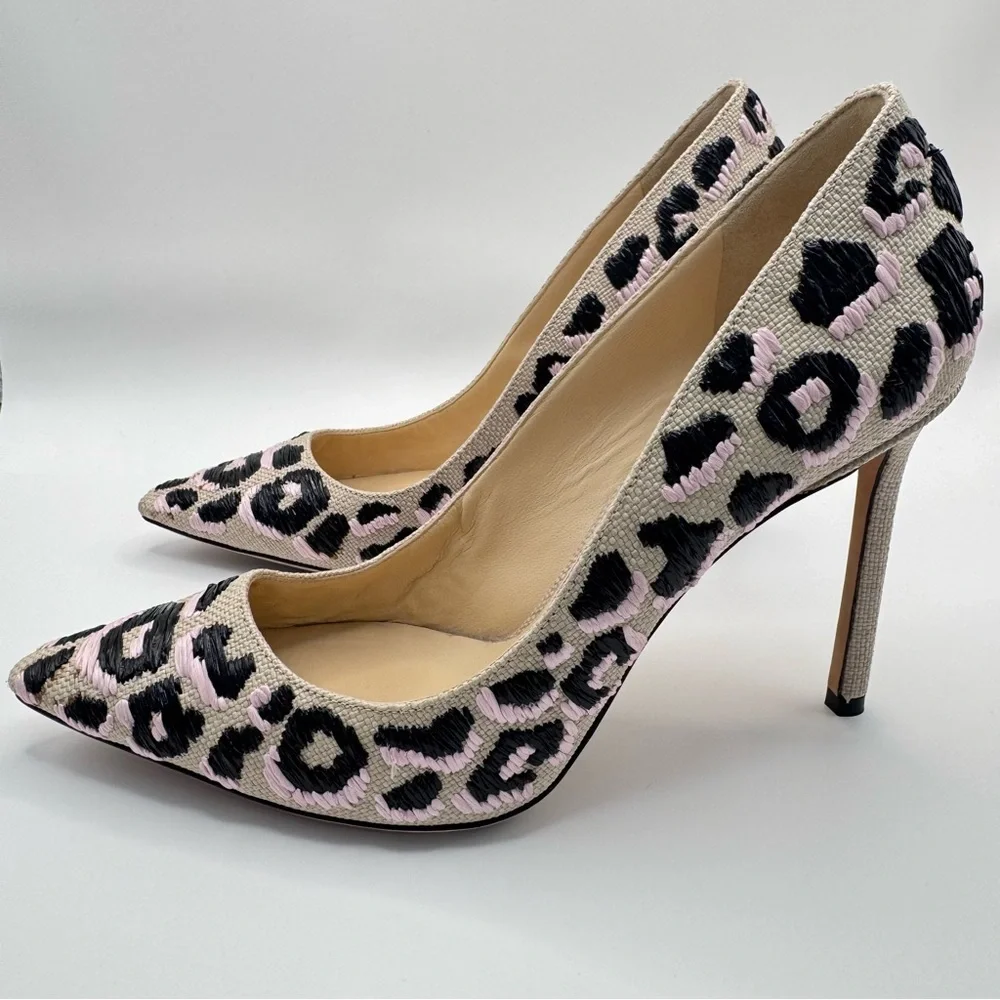 Jimmy Choo Woven Raffia Leopard Pink Black Natural Motif Romy Pumps Heels